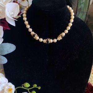 Vintage Pearl Glass Bead Necklace with Black Bead Design